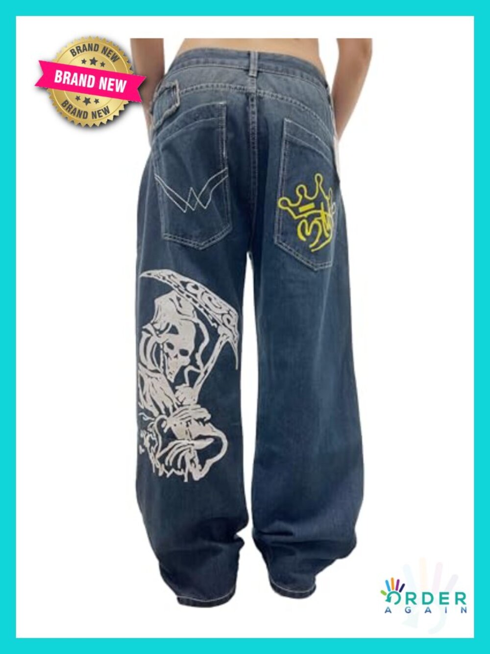 Unisex Y2K Hip Hop Skeleton Print High Waist Baggy Wide Leg Denim Jeans